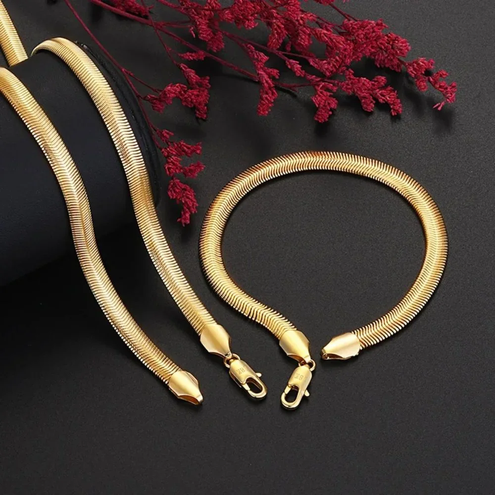 20 Inch Herringbone Necklace and 8 inch Bracelet Set 6mm Wide 18K Yellow Gold